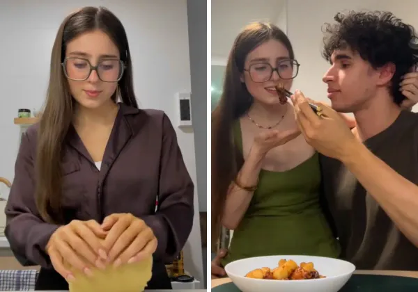 Collage de dos imágenes, a la izquierda @whoisroro amasando, a la derecha probando comida con su pareja